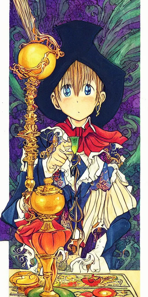 Prompt: a mystical man with a goblet on the table, wizard hat, drawn by Naoko Takeuchi,