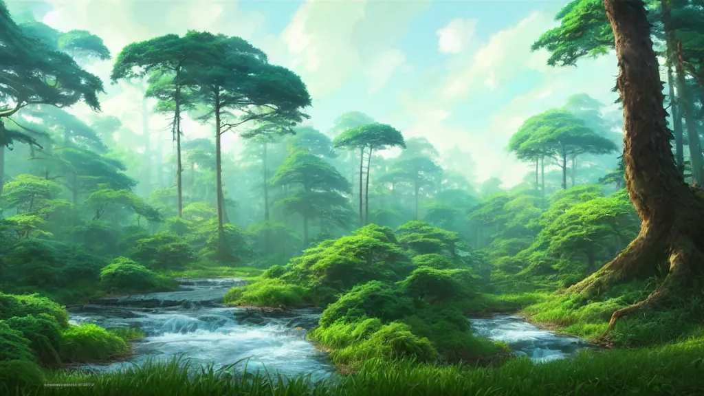 Image similar to forest clearing landscape, studio ghibli, pixar and disney animation, sharp, rendered in unreal engine 5, highly detailed, digital painting, artstation, concept art, smooth, sharp focus, illustration, wide angle, artbook, wallpaper, splash art, promo art, dramatic lighting, art by artgerm and greg rutkowski and bo chen and jin xiaodi