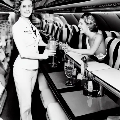 Image similar to Photo of bikini clad flight attendant serving drinks down the aisle, black and white