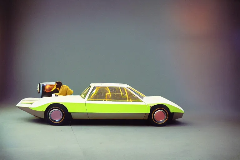 Image similar to stylized poser of a single 1973 Citroen F1, thick neon lights, ektachrome photograph, volumetric lighting, f8 aperture, cinematic Eastman 5384 film