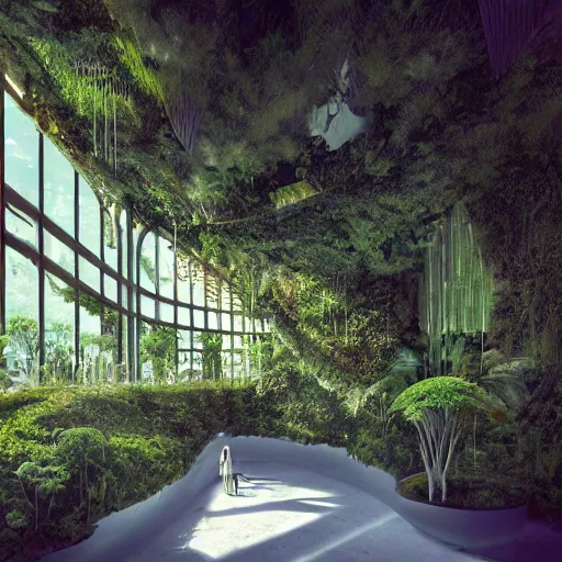 Image similar to a dream about opulent, abandoned overgrown futuristic base on Mars designed by Zaha Hadid, lush plants growing through the glossy floors and walls, walls are covered with moss and vines, beautiful, dusty, golden volumetric light shines through, golden rays fill the space with warmth, rich with epic details, dreamy atmosphere and drama