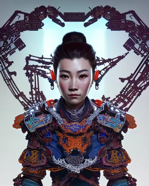 Prompt: portrait of a machine from horizon zero dawn, machine face, upper half portrait, decorated with chinese opera motifs, asian, bian lian, traditional chinese art, intricate, elegant, highly detailed, digital painting, artstation, concept art, smooth, sharp focus, illustration, art by artgerm and greg rutkowski and alphonse mucha, 8 k