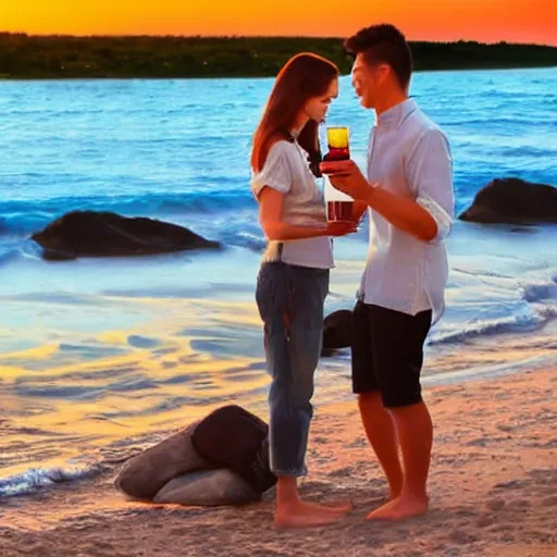 Prompt: one young man and one young woman drinking wine on a beach at sunset, beautiful colors, amazing landscape, painting, stunning details