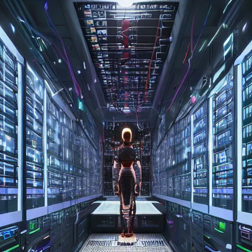 Image similar to professional painting of monumental conscious supercomputer with huge - cybernetic - face!!!! in the center of endless colossal server room talking with small people, trending on artstation, cyberpunk, sci - fi, futuristic, by greg rutkowski and maciej kuciara, high quality