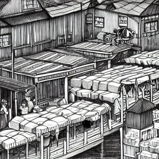 Prompt: a black and white drawing of a fish market, a storybook illustration by mattias adolfsson, behance contest winner, modern european ink painting, matte drawing, storybook illustration, panoramic, minimalist, isometric