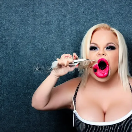 Image similar to trisha paytas eating screws out of a white bowl, stock photography