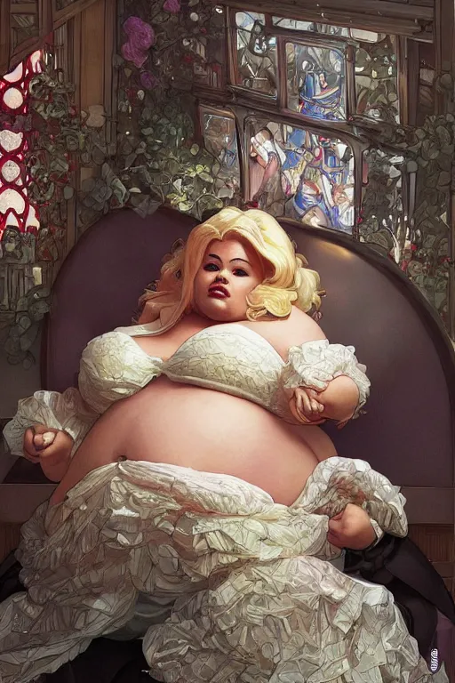 Image similar to obese cottagecore trisha paytas , food addiction and fat rolls, inside a mc donalds, intricate, elegant, highly detailed, digital painting, artstation, concept art, smooth, sharp, focus, illustration, art by artgerm and greg rutkowski and alphonse mucha