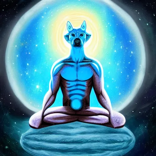 Prompt: Doctor Manhattan as a wolf meditating in outer space, stars, artstation, digital art, spiritual, award winning, colourful