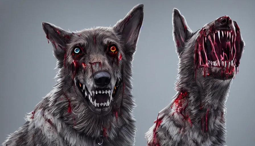 Image similar to zombie german shepherd with sharp teeth, bloody eyes, hyperdetailed, artstation, cgsociety, 8 k
