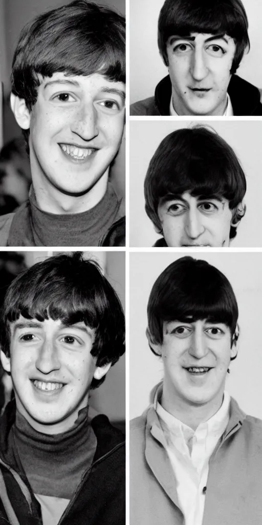 Prompt: Marc Zuckerberg with Beatles hair bowl cut with face painted bright white raising one eye brow