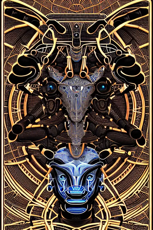 Image similar to a centered uncut fullbody frontview portrait of a robotic minotaur headed biomechanical creature by clogtwo and subjekt zero feat paul lewin and ø - cult. intricate detailed sharp clean textured very ornated. indian style tapestry design. hd. 4 k. lowbrow color palette