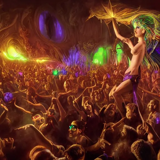 Prompt: ephemeral eldritch beings partying, rave, cosmic imagery, intense emotion, emotional fantasy concept art, photography hyperrealism, 3d rendering, detailed eyes