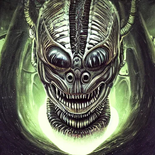 Prompt: space alien, slimy, glossy, sharp teeth, by h. r. giger, nightmare fuel, nightmarish, intricate, highly detailed, optical illusion, stranger things demogorgon, cave lighting, flickering, moonlight