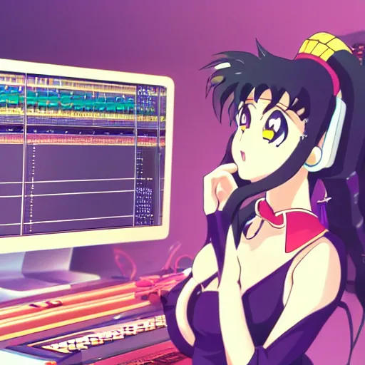 Prompt: An anime character working in their music studio. 90s anime, Sailor Moon, VHS, official art, flat cell shading, fantastic screenshot, trending on artstation