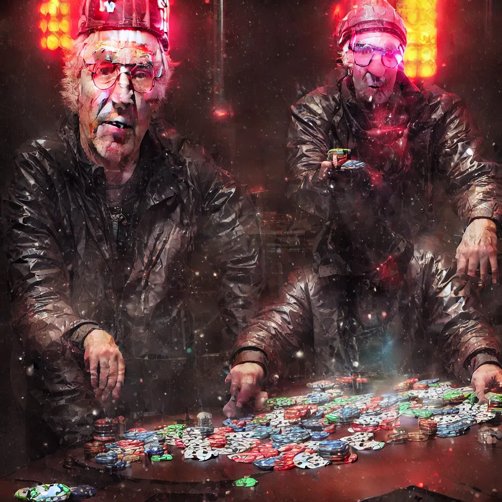 Image similar to detailed portrait larry david playing poker, cyberpunk futuristic neon, reflective puffy coat, decorated with traditional Japanese ornaments by Ismail inceoglu dragan bibin hans thoma greg rutkowski Alexandros Pyromallis Nekro Rene Maritte Illustrated, Perfect face, fine details, realistic shaded, fine-face, pretty face