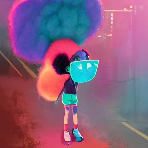 Image similar to a black girl with a colorful afro and big cute eyes walking in a cyberpunk street, low angle shot, cinematic, colorful, trending on artstation, bright colors, synthwave, watercolor, volumetric wool felting, felt, macro photography, children illustration, by goro fujita