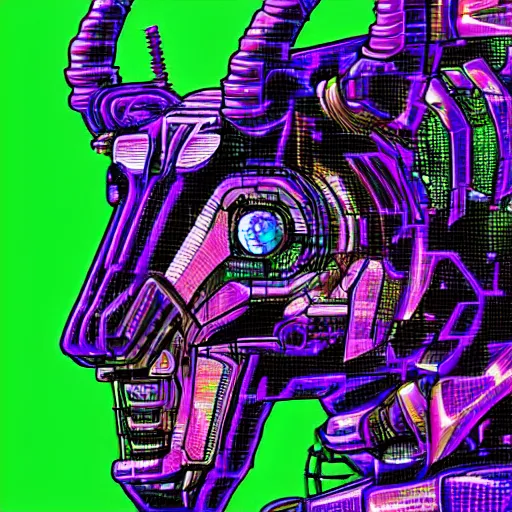 Image similar to complex cyberpunk machine background merged with evil cybernetic goat head in center focus, multicolored digital art