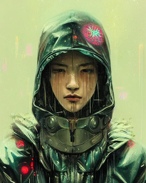 Prompt: detailed portrait, rain, cyberpunk futuristic neon, reflective puffy coat, decorated with traditional japanese ornaments by ismail inceoglu dragan bibin hans thoma greg rutkowski alexandros pyromallis nekro rene maritte illustrated, perfect face, fine details, realistic shaded, fine - face, pretty face