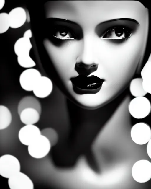 Image similar to black and white dreamy young beautiful female artificial intelligence, metropolis, cinematic, rim light, bokeh, photo - realistic, elegant, high detail, 8 k, masterpiece, photo taken in 1 9 3 0