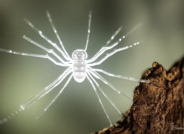 Image similar to super macro of a translucent clear white crystal spider with lcd monitor, in the forest. Fantasy magic style. Highly detailed 8k. Intricate. Nikon d850 300mm. Award winning photography.