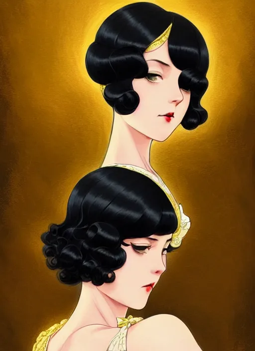 Image similar to a beautiful girl with black hair in 1920's fashion, ballroom background, intricate, highly detailed, digital painting, artstation, official media, anime key visual, concept art, rich vivid colors, ambient lighting, sharp focus, illustration, art by Artgerm, Makoto Shinkai, Ilya Kuvshinov, Lois Van Baarle, and Rossdraws