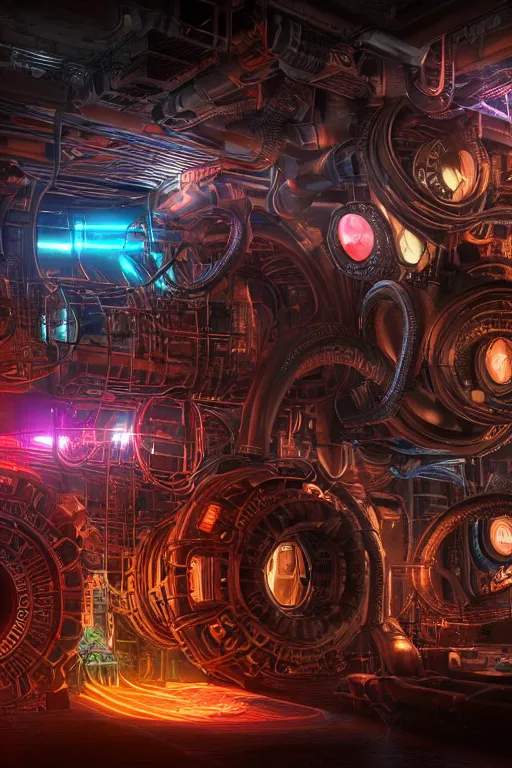 Image similar to portrait of cyberpunk octopus, symmetric, body full glowing vacuum tubes, realistic digital art, 3 d render of two huge futuristic steampunk generators inside a huge steampunk engine, 8 k, fluorescent colors, halluzinogenic, multicolored, exaggerated detailed, unreal engine