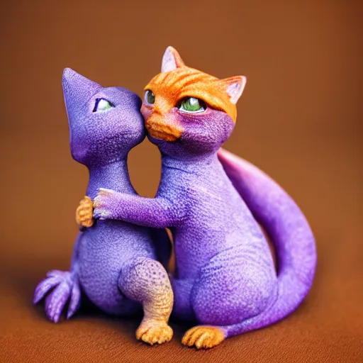 Image similar to tiny adorable purple fantasy dragon cuddles an orange tabby cat, realistic, orange tabby cuddles purple dragon, award - winning photography