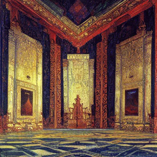 Prompt: a painting of a throne room , tiled floor a raytraced image by Mikalojus Konstantinas Čiurlionis, by Edward Okun, Gustave Moreau , metaphysical painting, hall of mirrors, Hungarian,ominous, dark, concept art