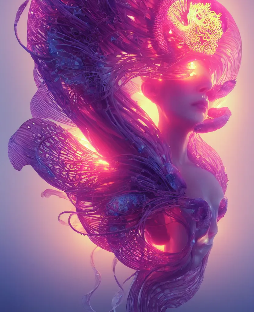 Prompt: goddess close-up portrait. orchid jellyfish phoenix head, nautilus, skull, betta fish, bioluminiscent creatures, intricate artwork by Tooth Wu and wlop and beeple. octane render, trending on artstation, greg rutkowski very coherent symmetrical artwork. cinematic, hyper realism, high detail, octane render, 8k