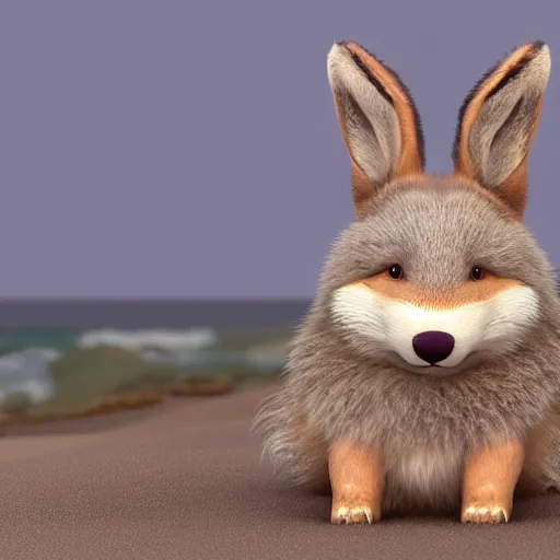 Image similar to a photorealistic adorable zany alluring chubby charming but vicious fennic fox wolf rabbit hybrid, with long floppy rabbit ears, wearing a bow on the top of its head, grinning at the camera with a mischievous look, sharp teeth, happy lighting, at a tropical beach