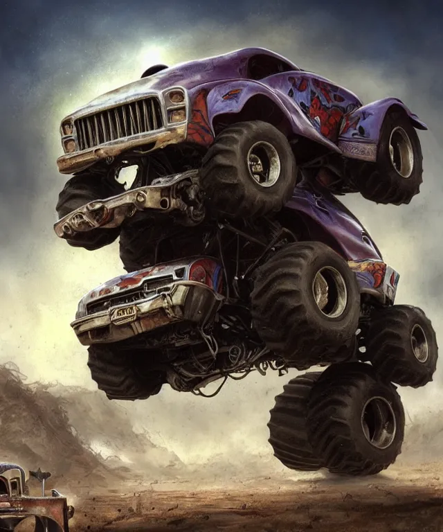 Prompt: danny trejo, cinematic, driving monster truck grave digger, elegant, highly detailed, digital painting, artstation, smooth, hard focus, illustration, art by jessica rossier and and brian froud