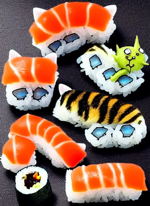 Image similar to clear photorealistic picture of adorable cats made out of sushi