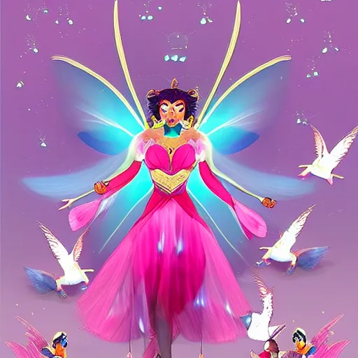 Prompt: ! dream dakini as a modern fairy wearing a pink outfit, flying in the style of superman alongside penguins.