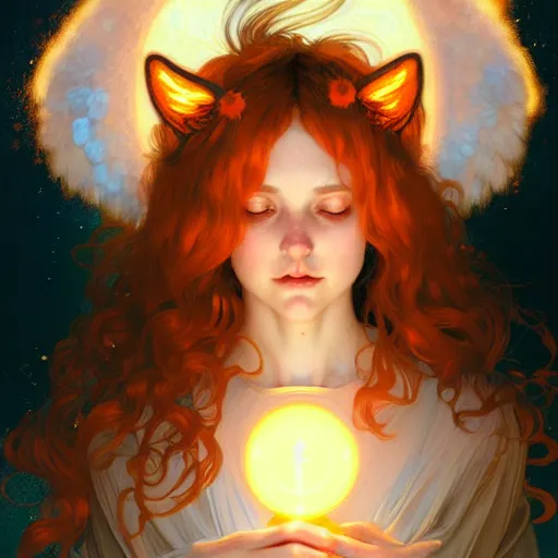Prompt: Portrait of a girl angel with light orange fuzzy frizzy hair, cat ears, glowing halo, wings, fantasy, intricate, elegant, highly detailed, digital painting, artstation, concept art, smooth, sharp focus, illustration, art by Krenz Cushart and Artem Demura and alphonse mucha