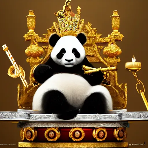 Prompt: panda king on a gilded throne, raising a staff encrusted with jewels, jungle scene, octane render, by tokaido