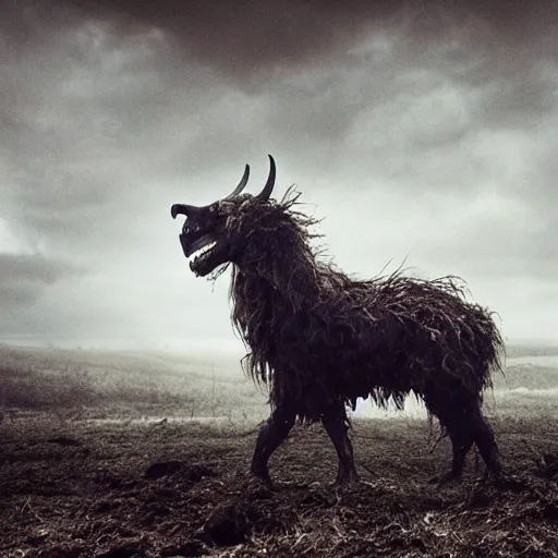 Image similar to horror, moody, still from film, daytime, muddy village square, wide shot, roaring mutant goat monster, powerful and huge, creeping on legs with hands instead of feet, filthy jagged teeth in gaping mouth, matted brown fur, in muddy medieval village square