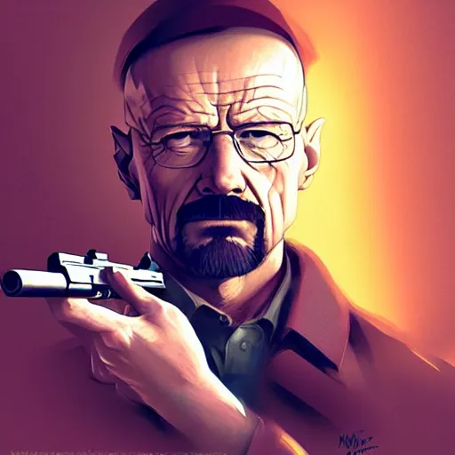 Image similar to portrait of walter white holding a colt model 1 9 1 1, 4 k, concept art, by wlop, ilya kuvshinov, artgerm, krenz cushart, greg rutkowski, pixiv. cinematic dramatic atmosphere, sharp focus, volumetric lighting, cinematic lighting, studio quality