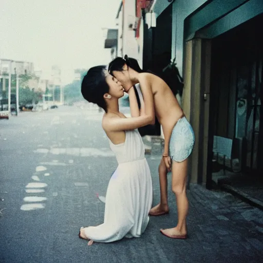 Image similar to two beautiful asian models kissing with no kimono, cinestill, photography