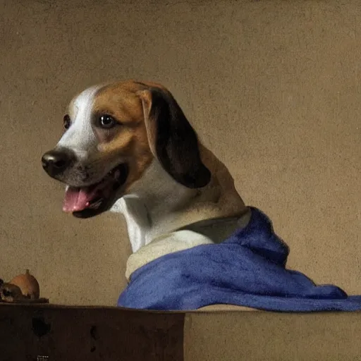 Image similar to Dog with a pearl earring, by Johannes Vermeer, 8k