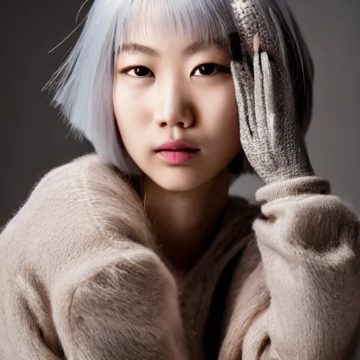 Prompt: Portrait of an young Japanese female model, 23yo, piercing gaze, smiling, silver hair in a bob cut, studio lighting, 35mm f/1.8, editorial fashion photography, from Vogue magazine