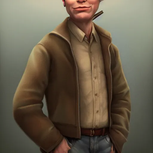 Prompt: Joe Pera, a fine art painting, Patrick Brown, trending on cgsociety, artstation, american realism, 2d game art, photo illustration, daz3d, official art,