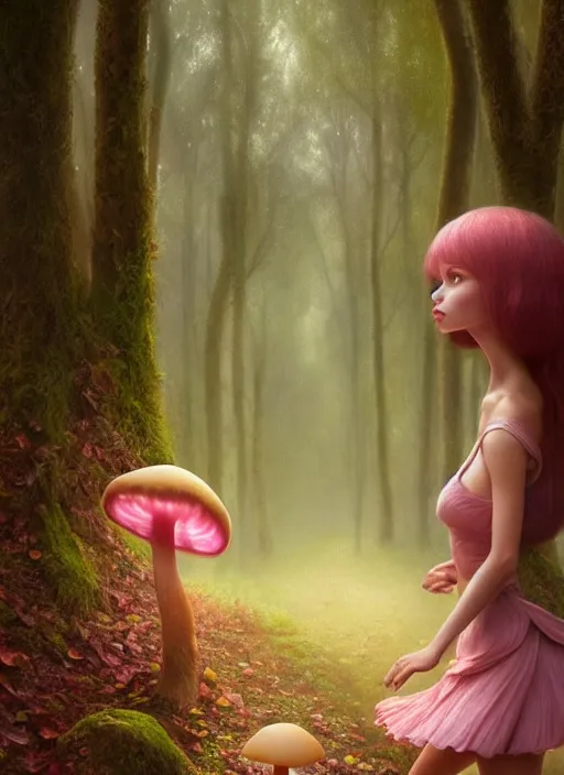 Image similar to young woman walking in short pink skirt : : magic forest mushrooms nature : : weta disney pixar movie still photo : : decadent highly - detailed digital painting, full length shot, golden ratio, octane render, artstation, smooth, sharp focus, artgerm, mucha, loish, wlop, gogo