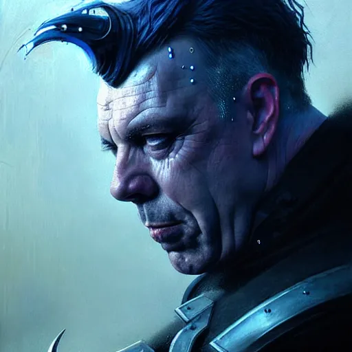 Image similar to Till Lindemann crushing as Ultramarine. epic game portrait. Highly detailed, highly recommended. fantasy art by Greg Rutkowski