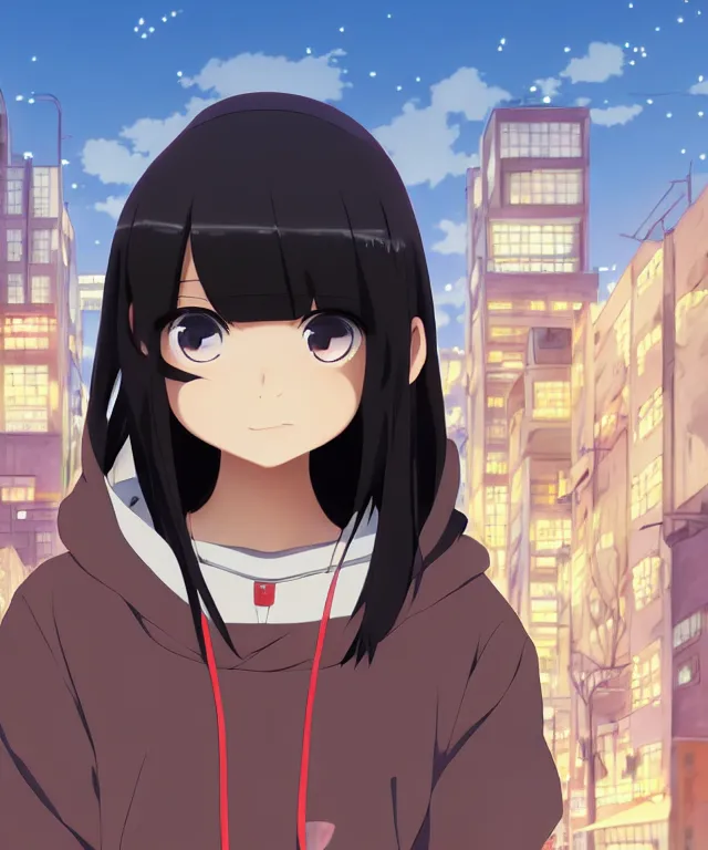 Image similar to anime visual, portrait of a young black haired girl wearing hoodie on the city street background, one person, cute face by yoh yoshinari, katsura masakazu, studio lighting, half body shot, strong silhouette, anime cels, ilya kuvshinov, cel shaded, crisp and sharp, rounded eyes, bright