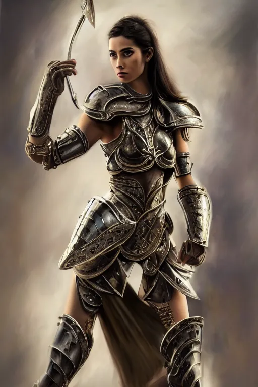 Image similar to a photorealistically painted portrait of an attractive young female, partially clothed in metal-plated battle armor, abstract background, flawless olive skin, fair complexion, long dark hair, beautiful bone structure, perfectly symmetric facial features, perfect photorealistic eyes, natural physique, intricate, elegant, digital painting, concept art, finely detailed, beautifully illustrated, sharp focus, minimal artifacts, from Metal Gear, by Ruan Jia and Mandy Jurgens and Artgerm and William-Adolphe Bouguerea, in the style of Greg Rutkowski, trending on Artstation, award winning art
