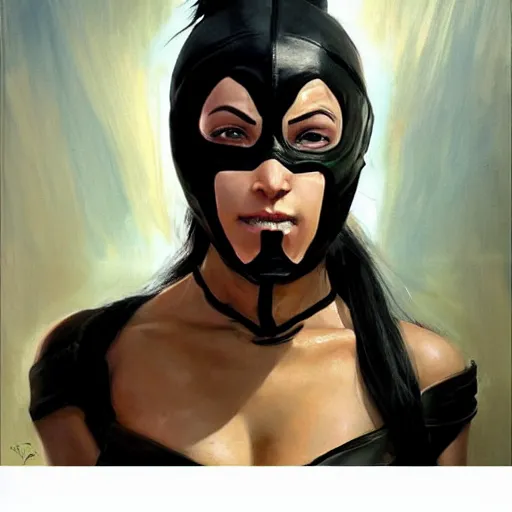 Image similar to greg manchess portrait painting of mileena from mortal kombat wearing a mask covering her mouth as overwatch character, medium shot, asymmetrical, profile picture, organic painting, sunny day, matte painting, bold shapes, hard edges, street art, trending on artstation, by huang guangjian and gil elvgren and sachin teng