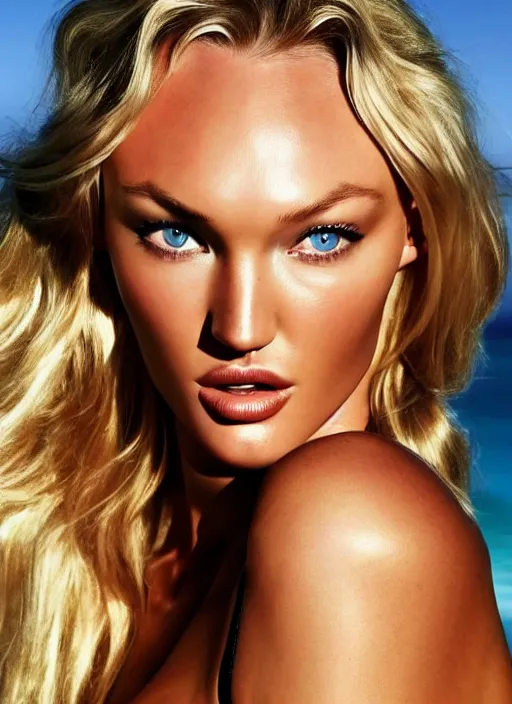 Image similar to portrait photo of a gorgeous young Candice Swanepoel as Bond Girl in James Bond movie, with intricate detailed in the style of stefan kostic realistic sharp, getty images, makeup by Pat McGrah