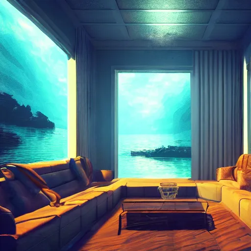 Prompt: retro photo of virtual interior, crisp, artstation, luxury, beautiful, dim painterly volumetric aquatic sunset lighting, 3 d concept art