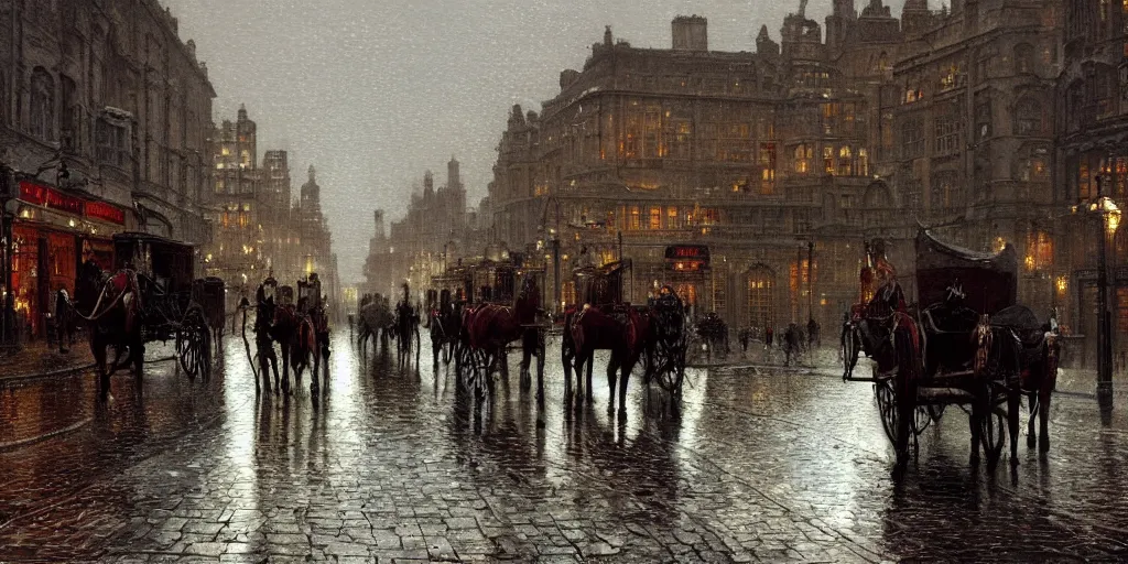 Image similar to Horse carriages on a Victorian city street on a rainy day in London, evening, low angle view, detailed matte painting, cinematic, John Atkinson Grimshaw, Artstation