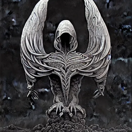 Image similar to bird phoenix of lava, dark, fire from inside, blood vesels, dystopian surrealism, art style zdzisław beksinski, symmetry accurate features, very intricate details, high resolution, symmetrical long head, smooth marble surfaces, detailed ink illustration, cinematic smooth stone, deep aesthetic, concept art, carved marble texture silk cloth, latex skin, highly ornate